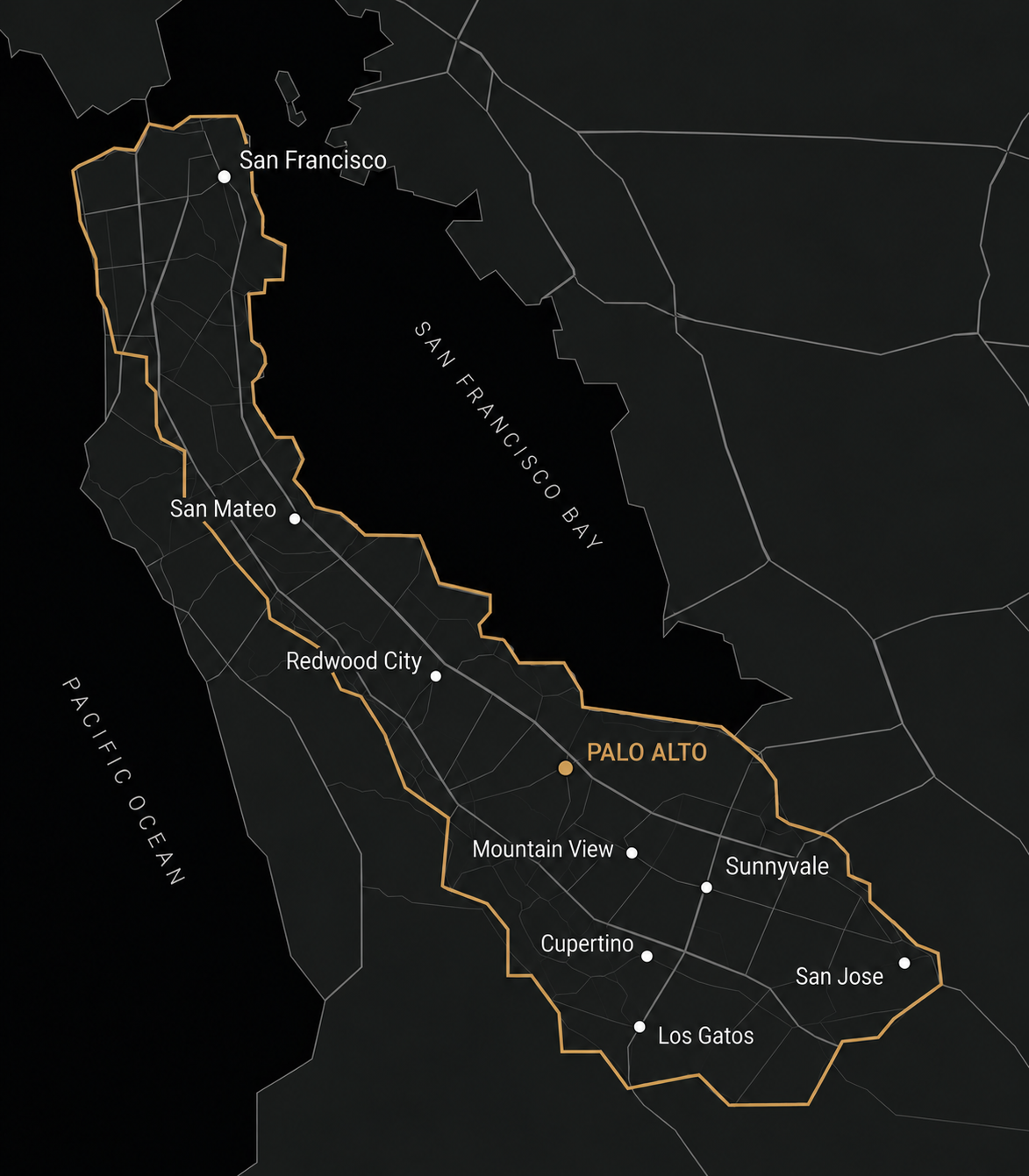 Map of the San Francisco Peninsula and South Bay, highlighting Palo Alto and the area from San Francisco to San Jose and Los Gatos